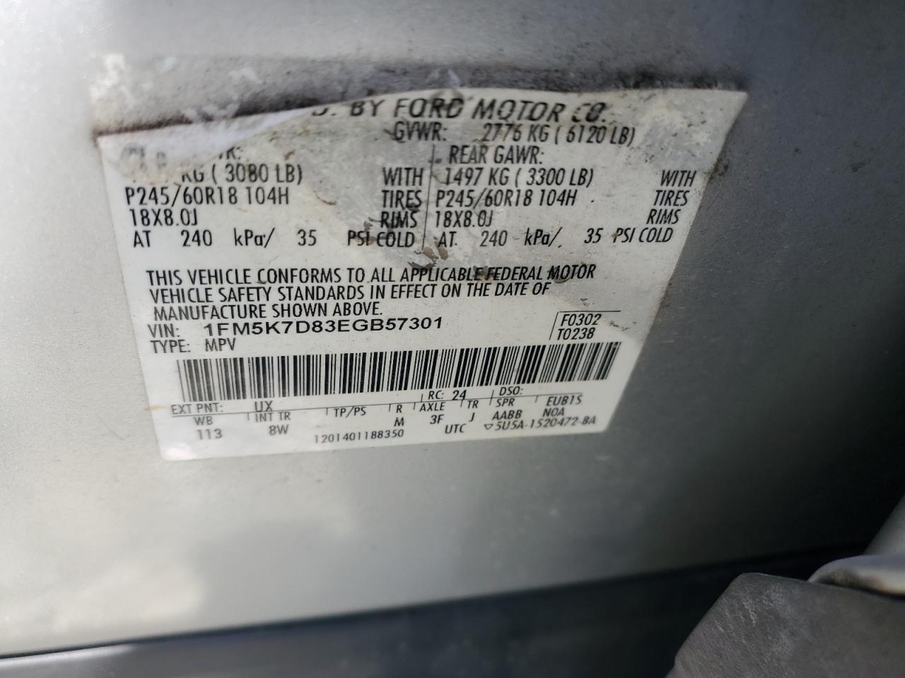 2014 Ford Explorer Xlt VIN: 1FM5K7D83EGB57301 Lot: 58748814