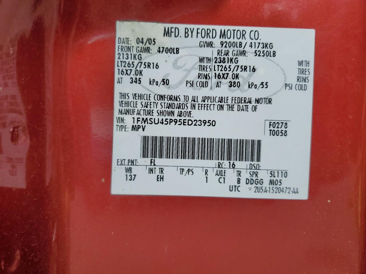 2005 Ford Excursion Eddie Bauer VIN: 1FMSU45P95ED23950 Lot: 59907704