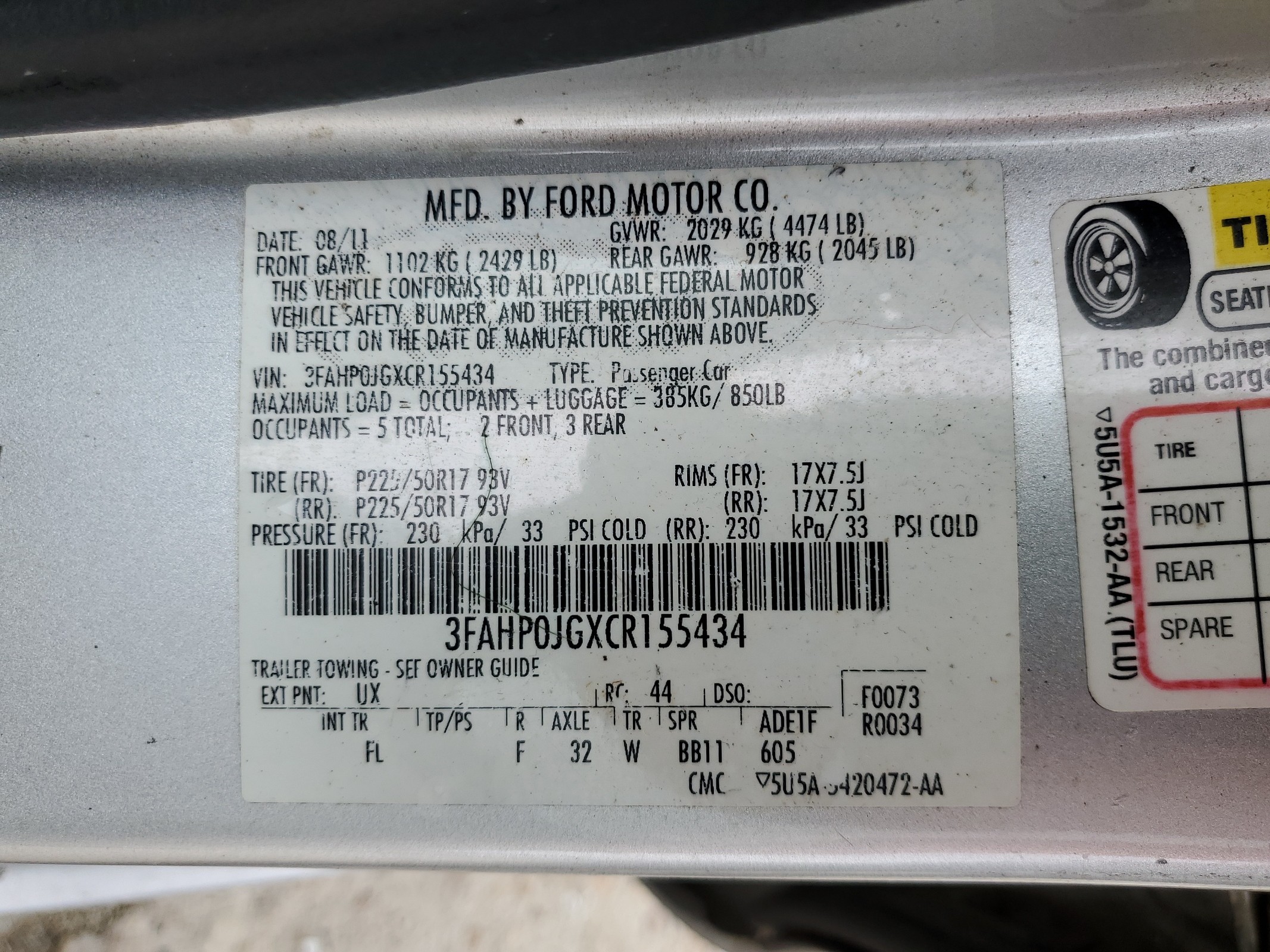 3FAHP0JGXCR155434 2012 Ford Fusion Sel