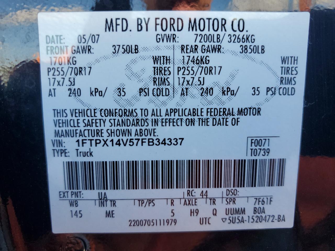 2007 Ford F150 VIN: 1FTPX14V57FB34337 Lot: 60283314