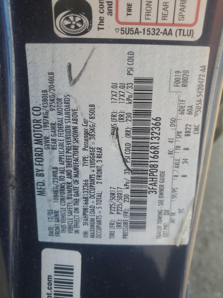 2006 Ford Fusion Sel VIN: 3FAHP08166R132366 Lot: 60462914