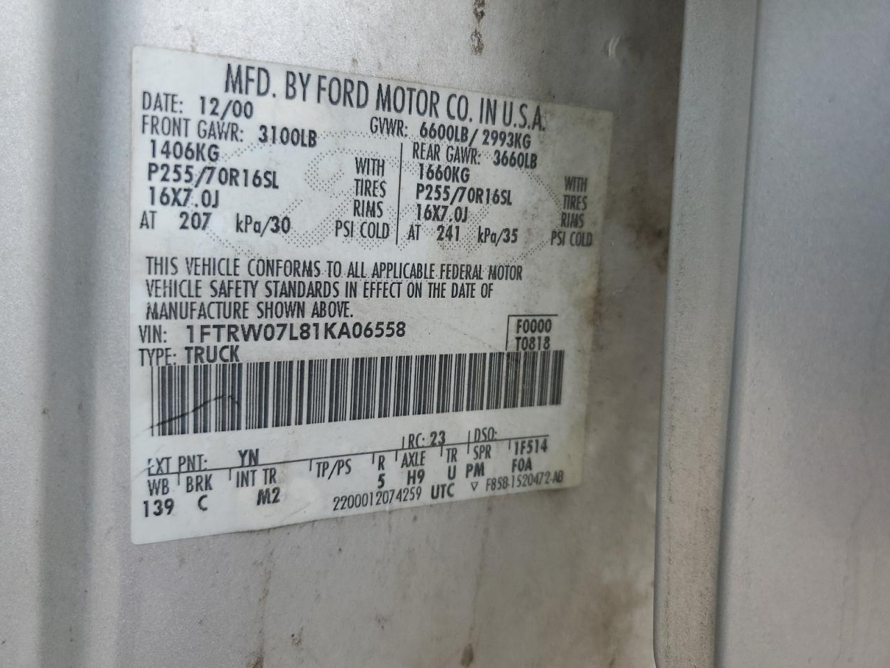2001 Ford F150 Supercrew VIN: 1FTRW07L81KA06558 Lot: 59914454