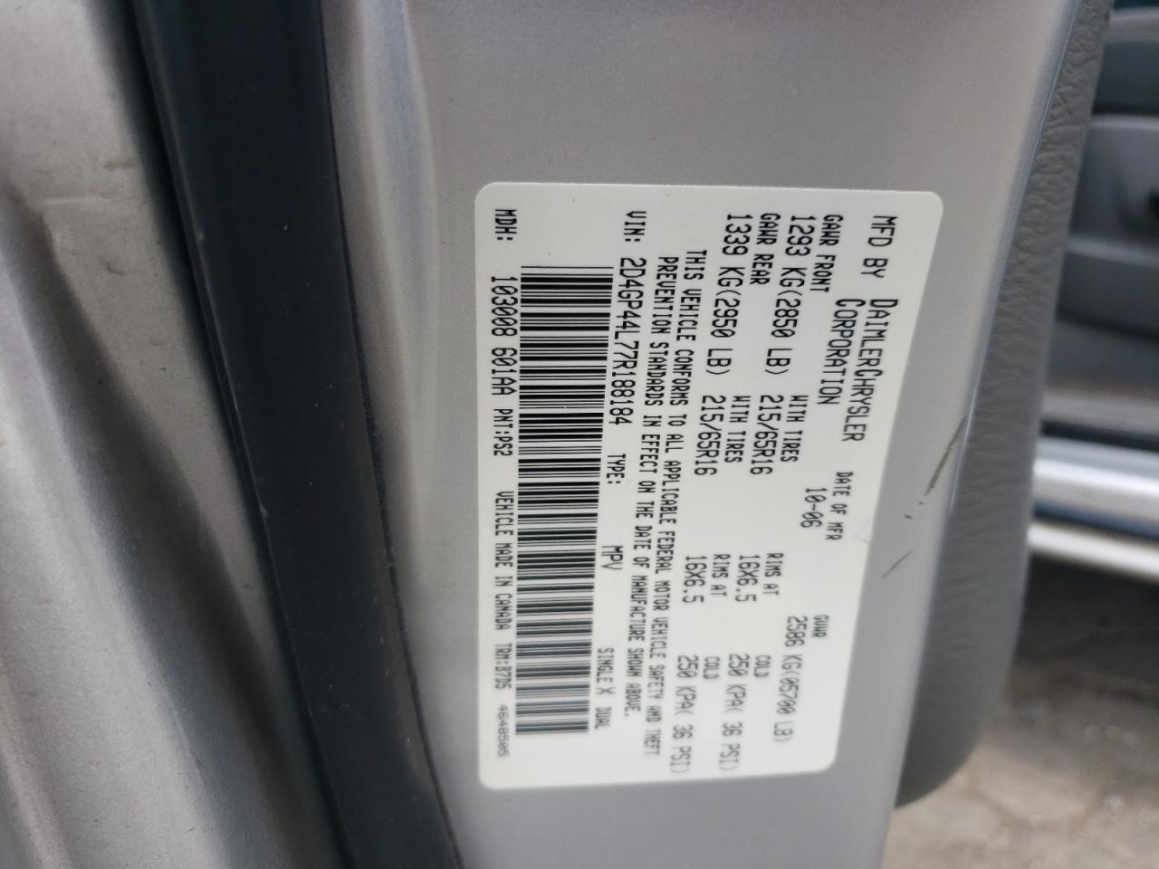 2007 Dodge Grand Caravan Sxt VIN: 2D4GP44L77R188184 Lot: 60225024