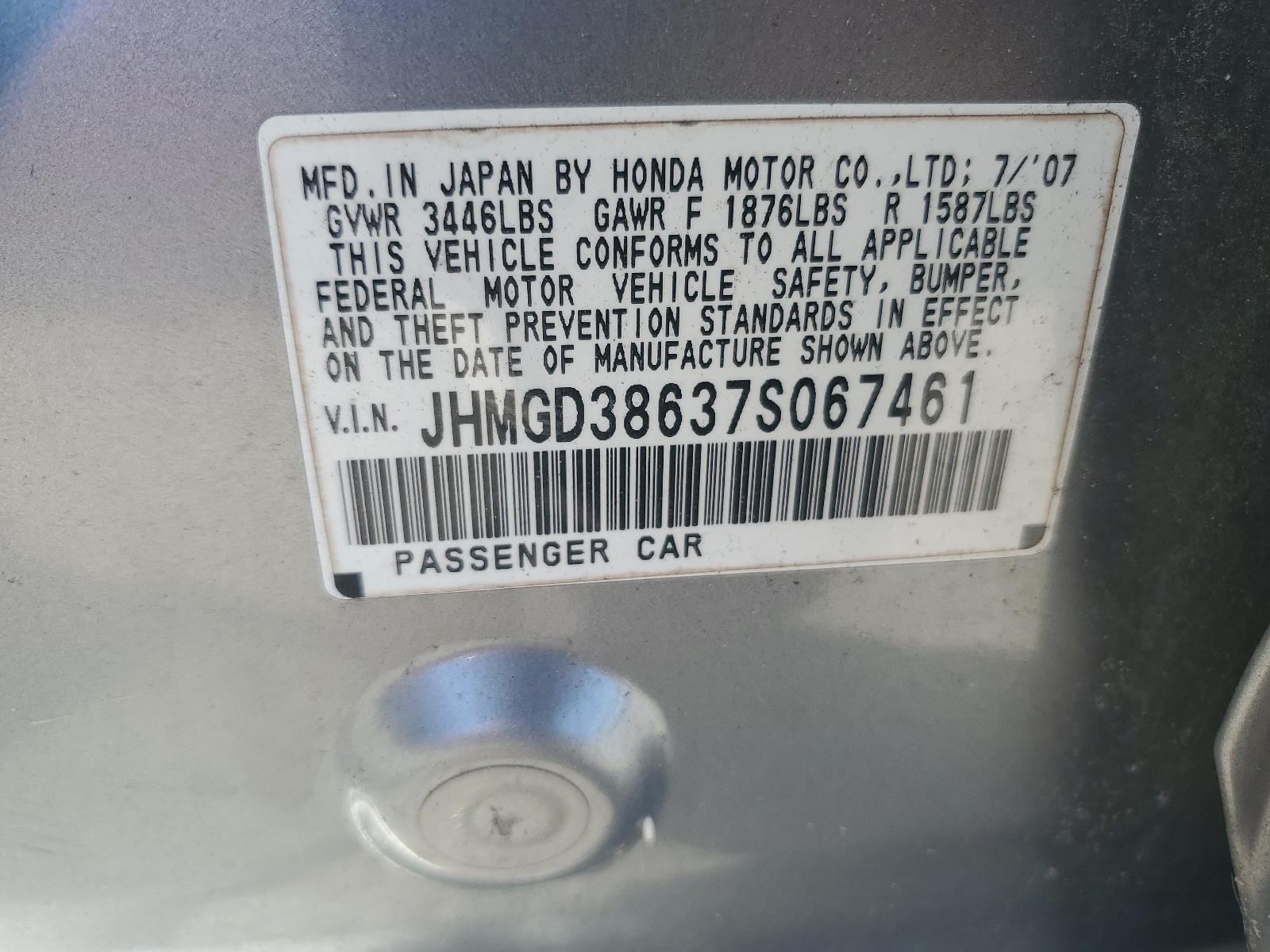 JHMGD38637S067461 2007 Honda Fit S