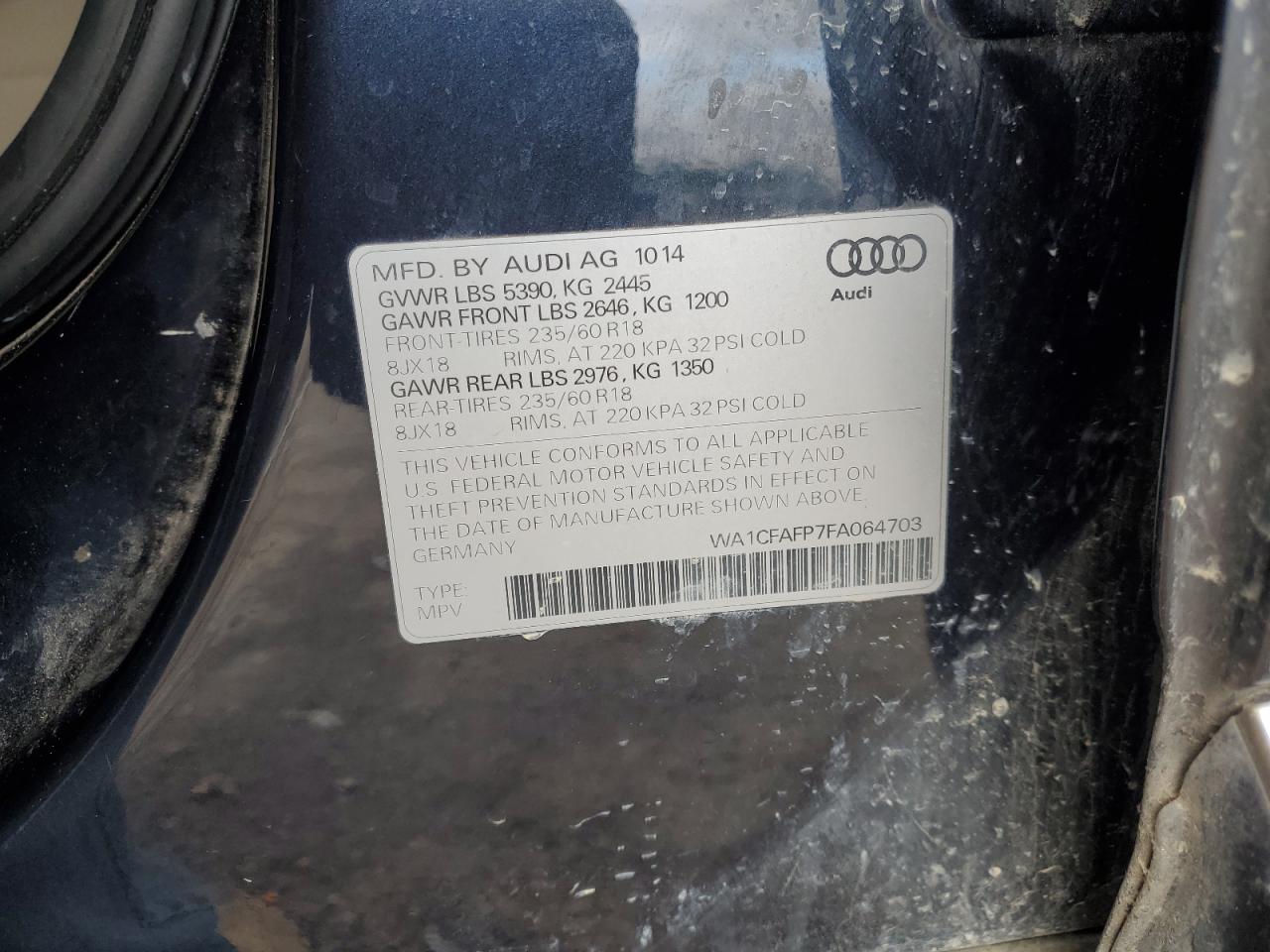 2015 Audi Q5 Premium VIN: WA1CFAFP7FA064703 Lot: 66317424