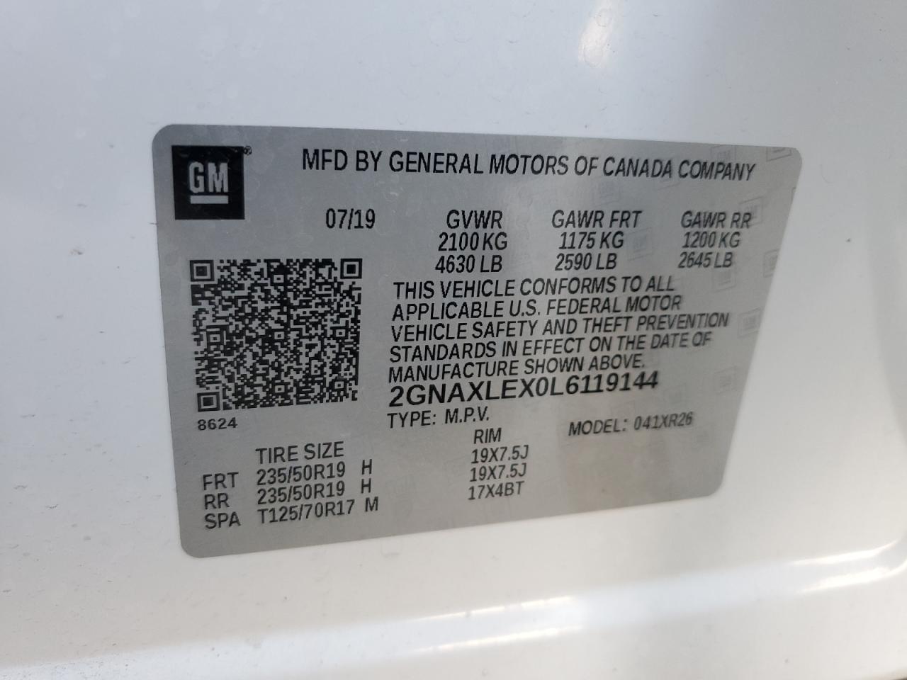 2020 Chevrolet Equinox Lt VIN: 2GNAXLEX0L6119144 Lot: 57486984