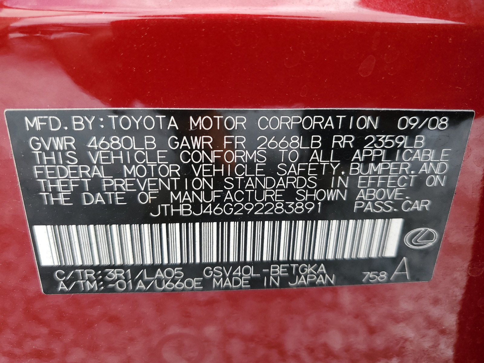 JTHBJ46G292283891 2009 Lexus Es 350