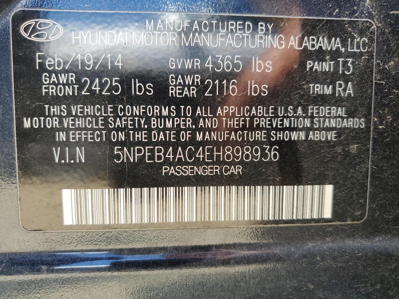 5NPEB4AC4EH898936 2014 Hyundai Sonata Gls