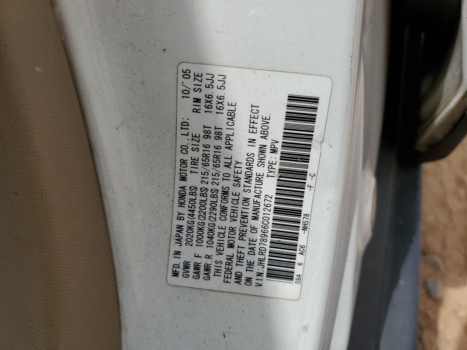 JHLRD78966C012672 2006 Honda Cr-V Se