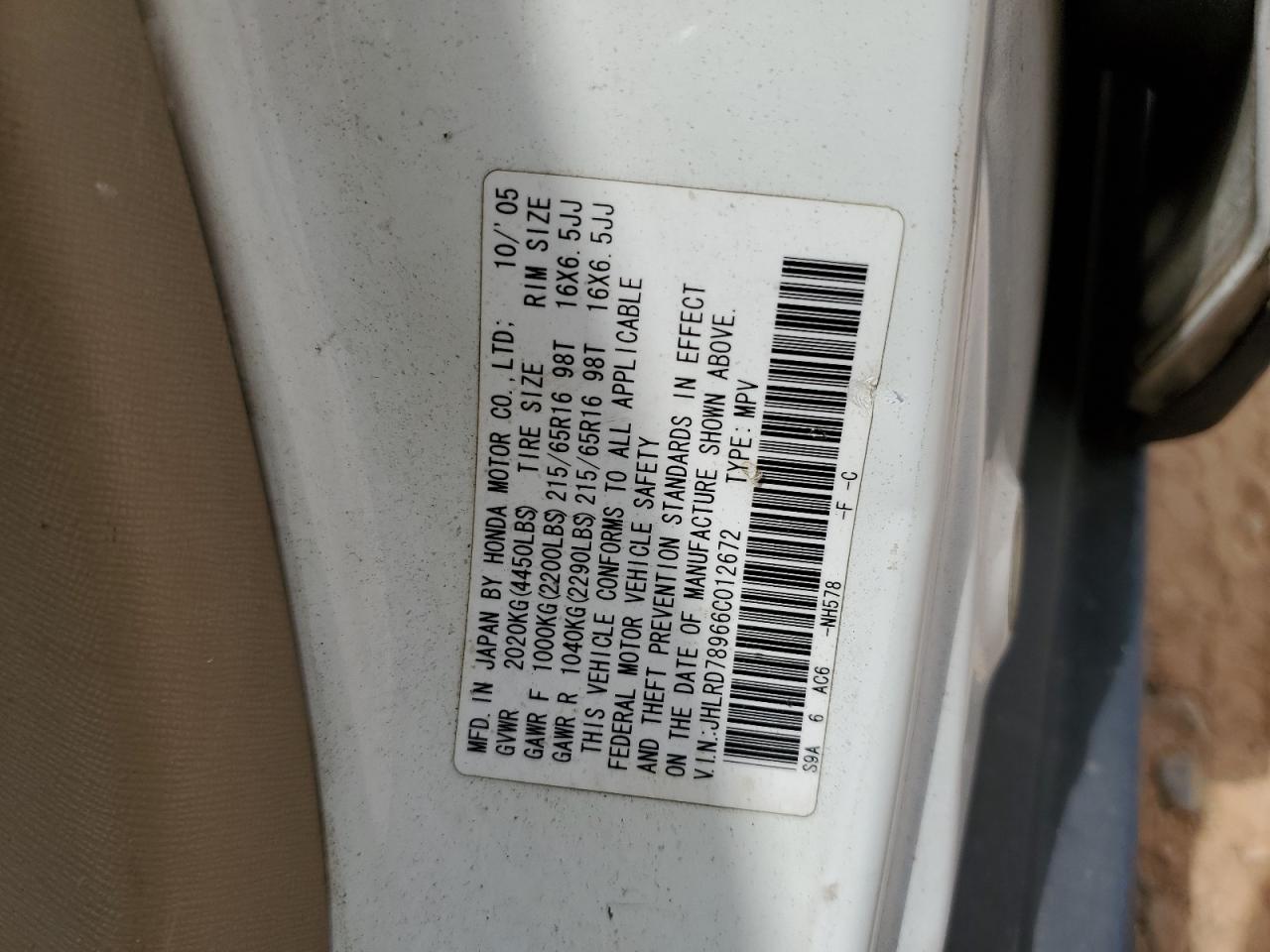 2006 Honda Cr-V Se VIN: JHLRD78966C012672 Lot: 57398604