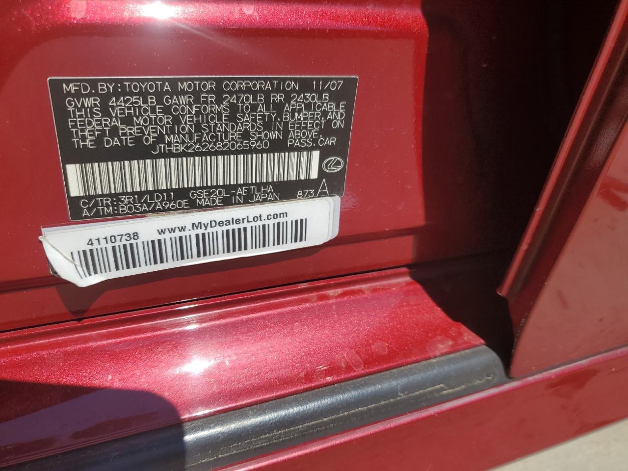 2008 Lexus Is 250 VIN: JTHBK262682065960 Lot: 59065914