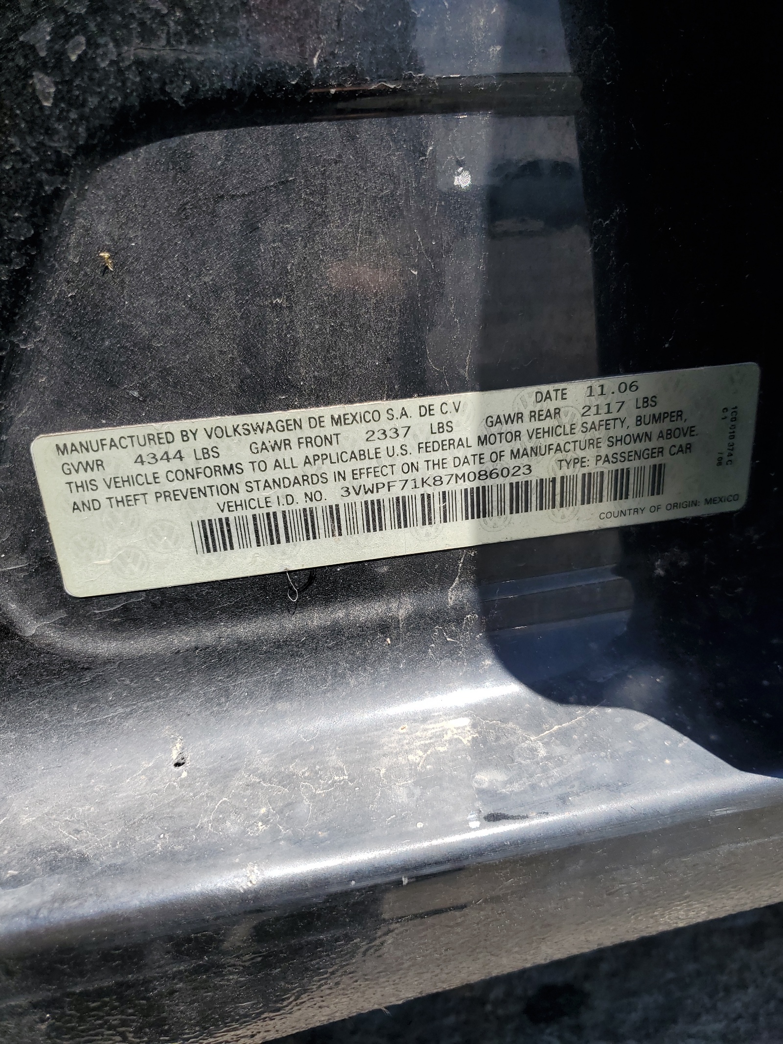 3VWPF71K87M086023 2007 Volkswagen Jetta 2.5