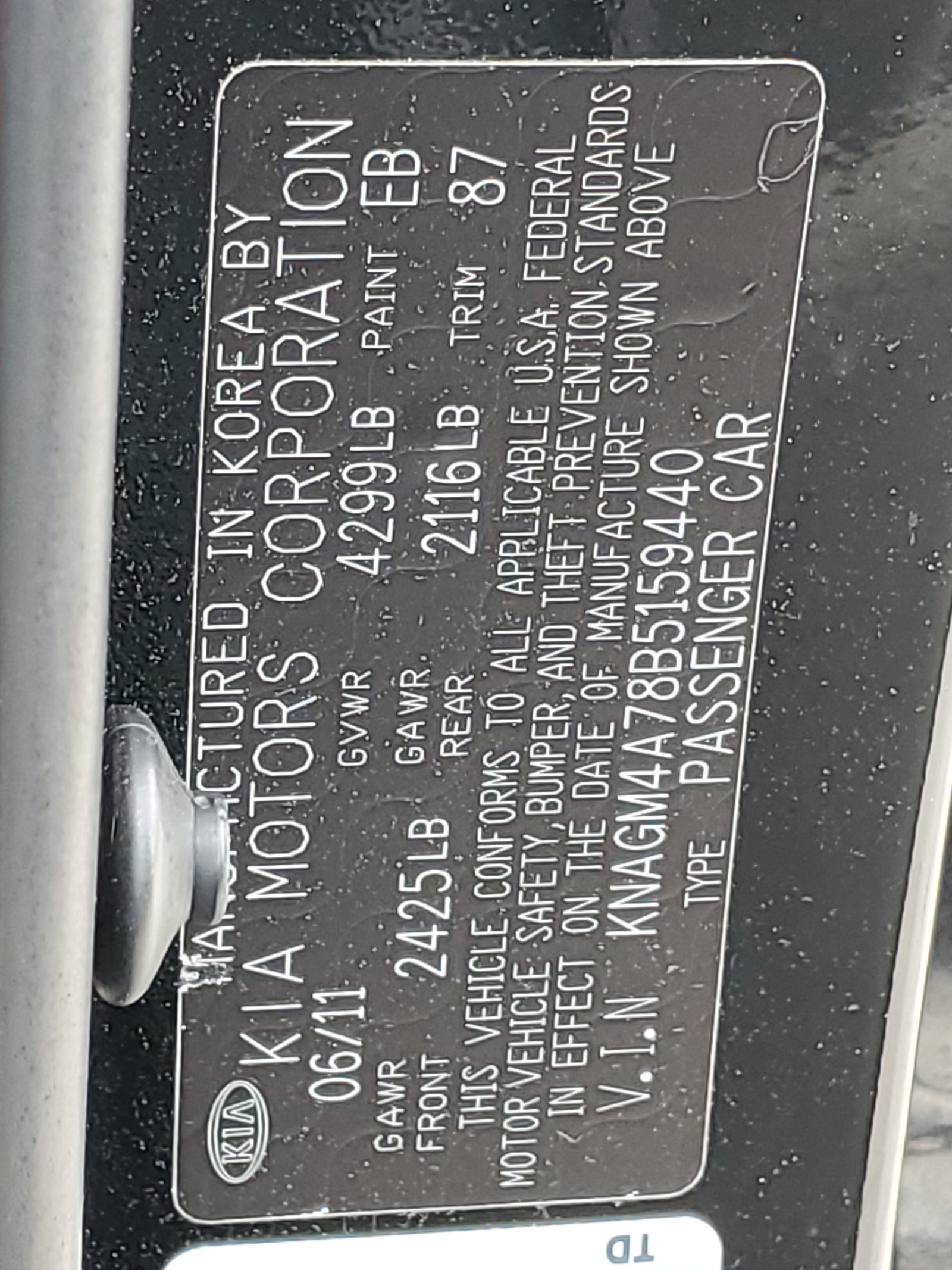 KNAGM4A78B5159440 2011 Kia Optima Lx