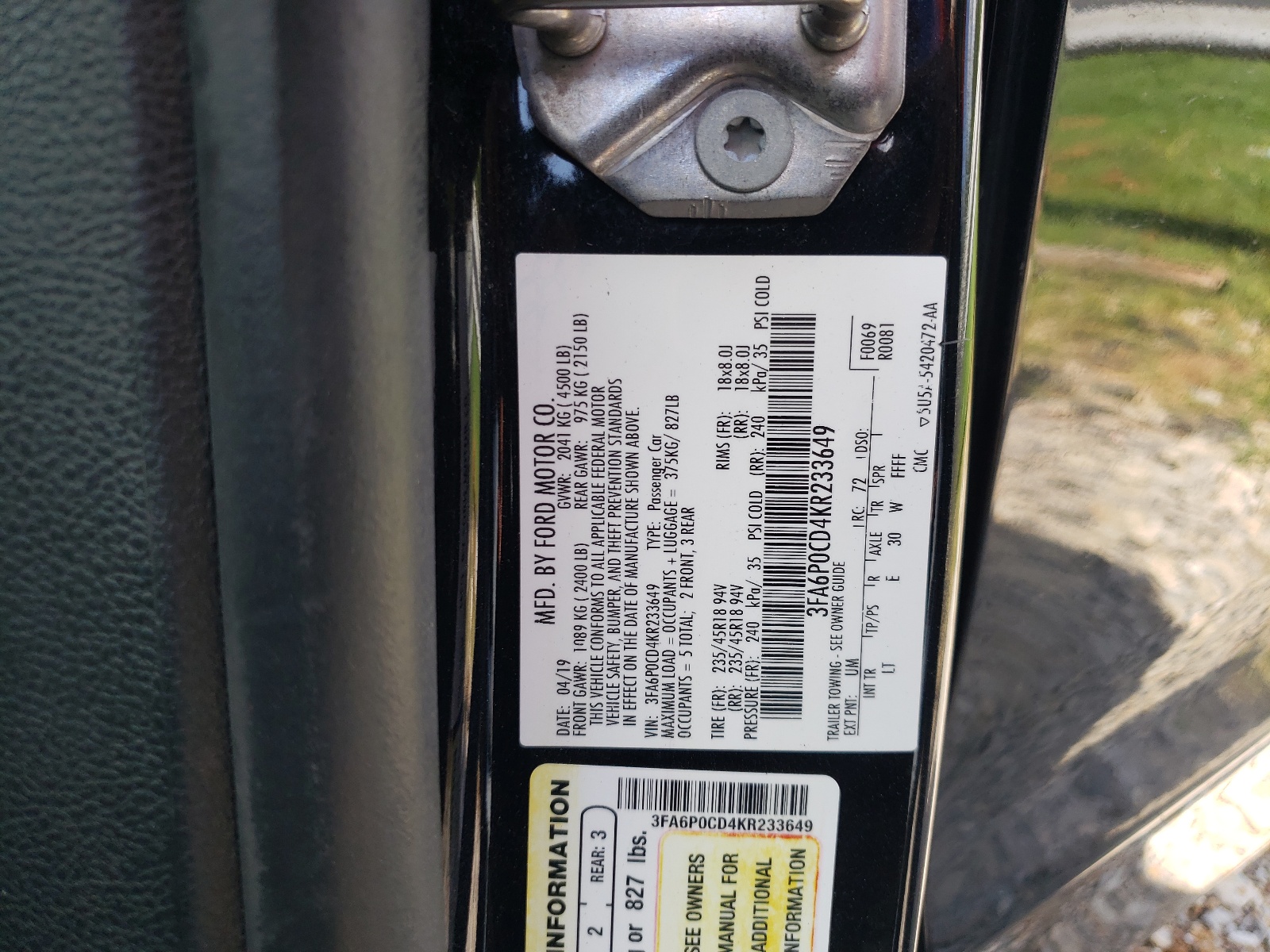 3FA6P0CD4KR233649 2019 Ford Fusion Sel