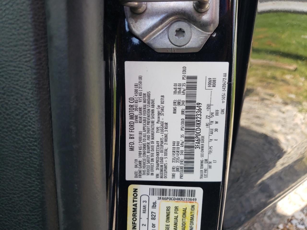 2019 Ford Fusion Sel VIN: 3FA6P0CD4KR233649 Lot: 59945644