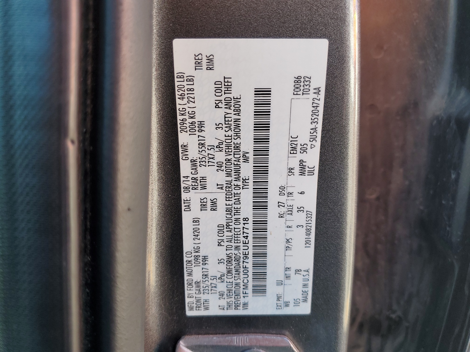 1FMCU0F79EUE47718 2014 Ford Escape S