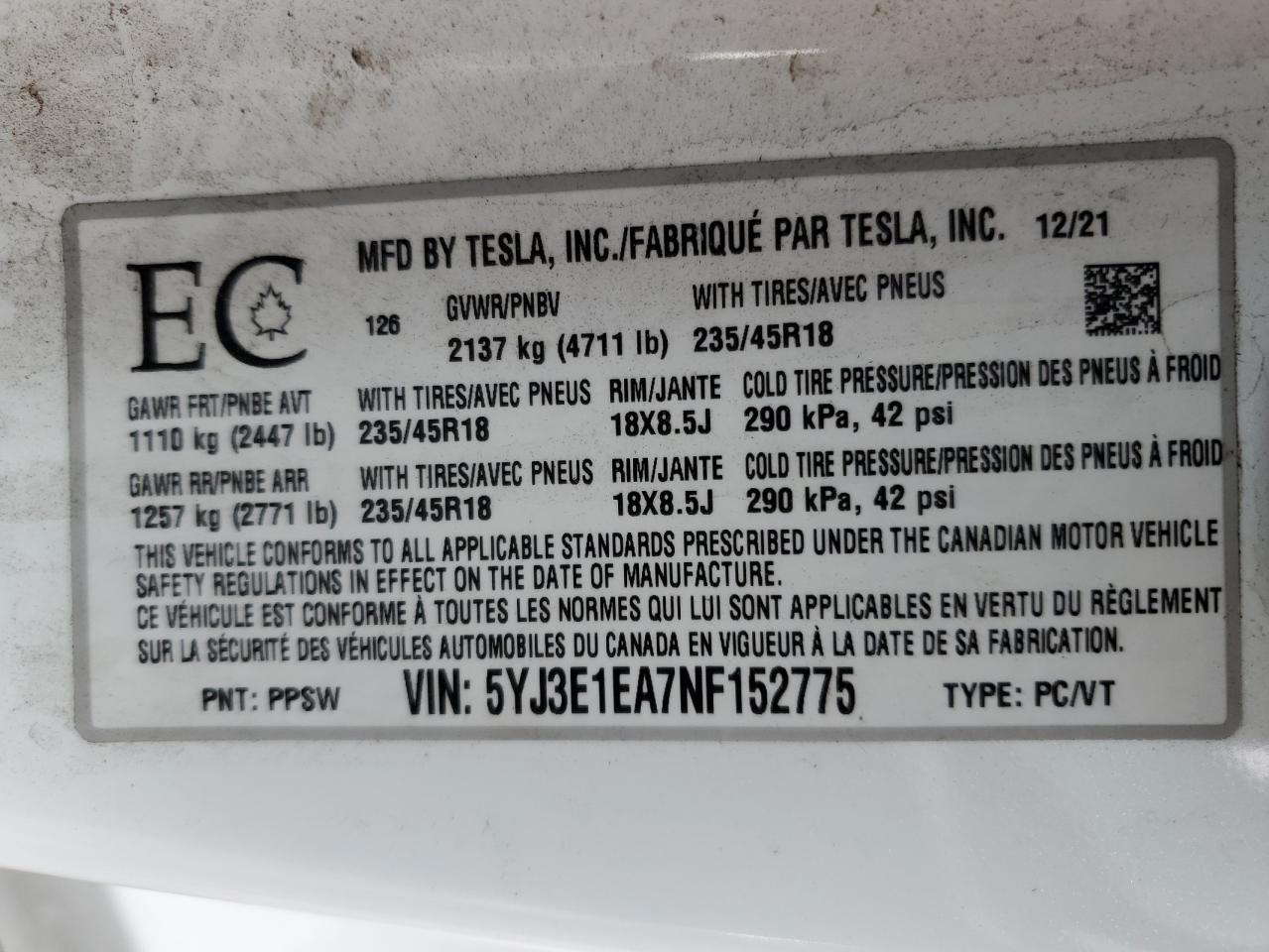 2022 Tesla Model 3 VIN: 5YJ3E1EA7NF152775 Lot: 57698364