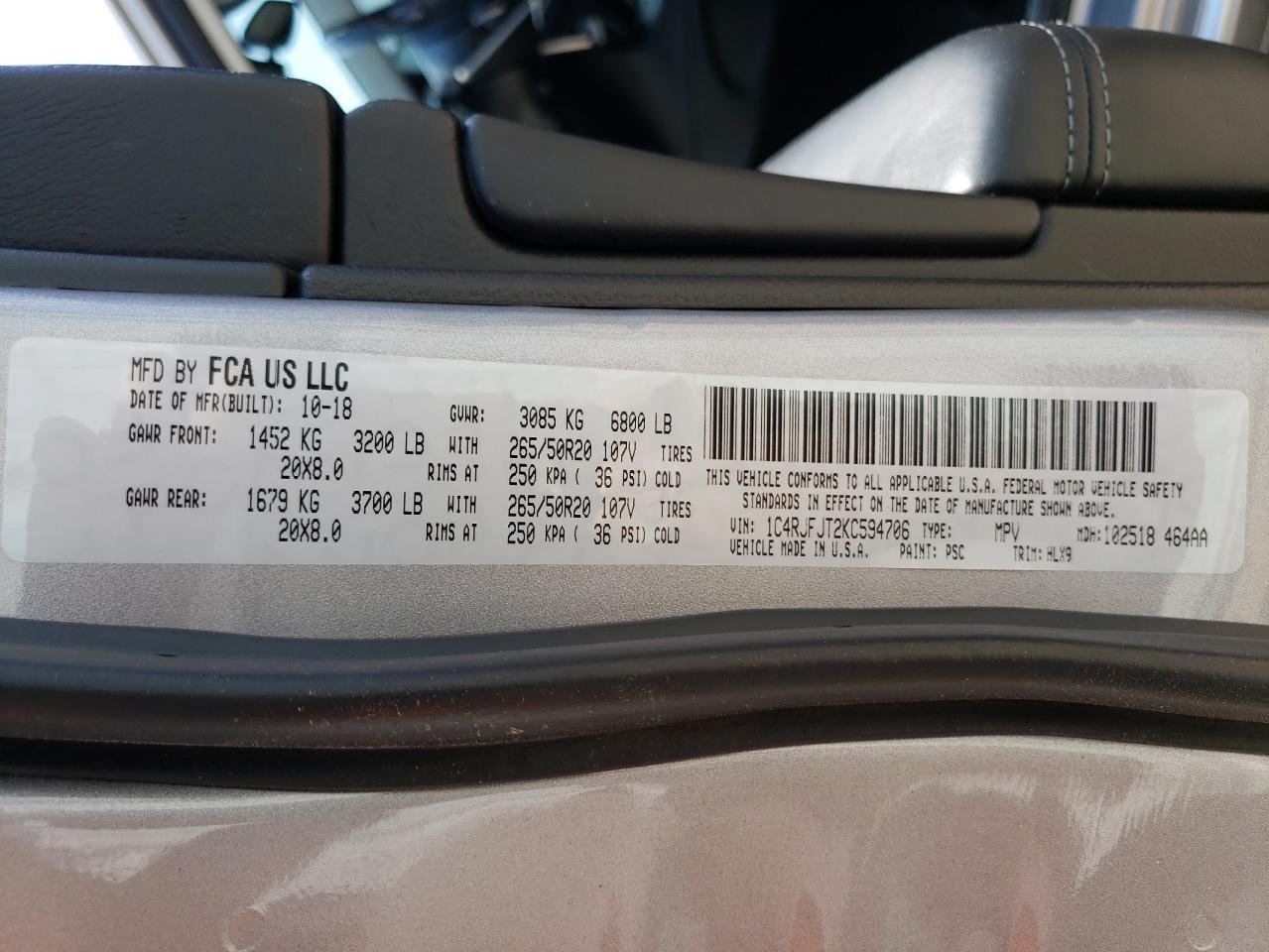 2019 Jeep Grand Cherokee Summit VIN: 1C4RJFJT2KC594706 Lot: 60822024