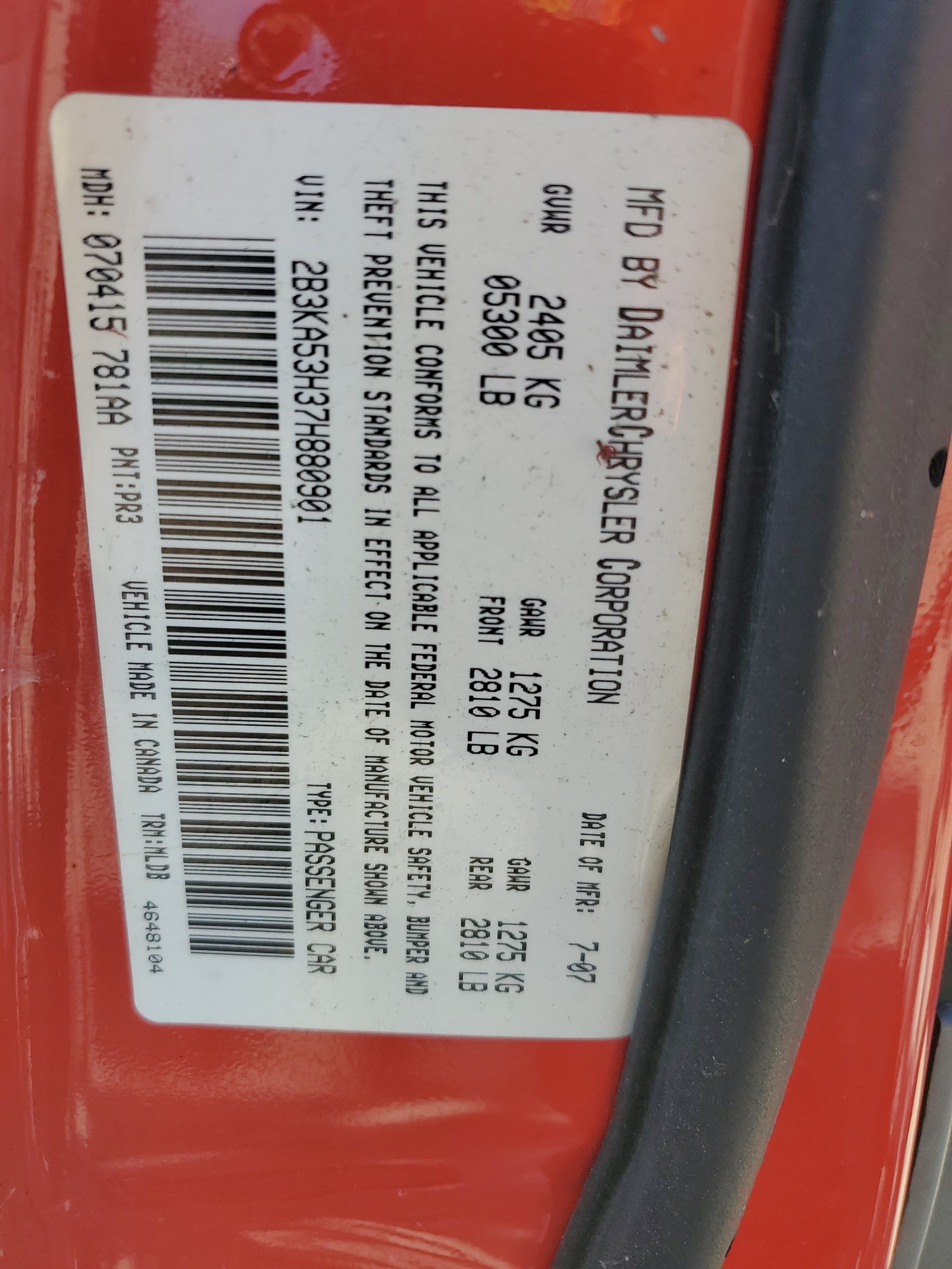 2B3KA53H37H880901 2007 Dodge Charger R/T