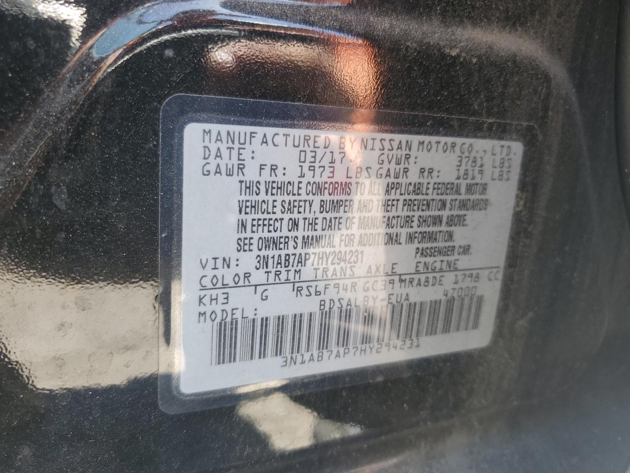 3N1AB7AP7HY294231 2017 Nissan Sentra S