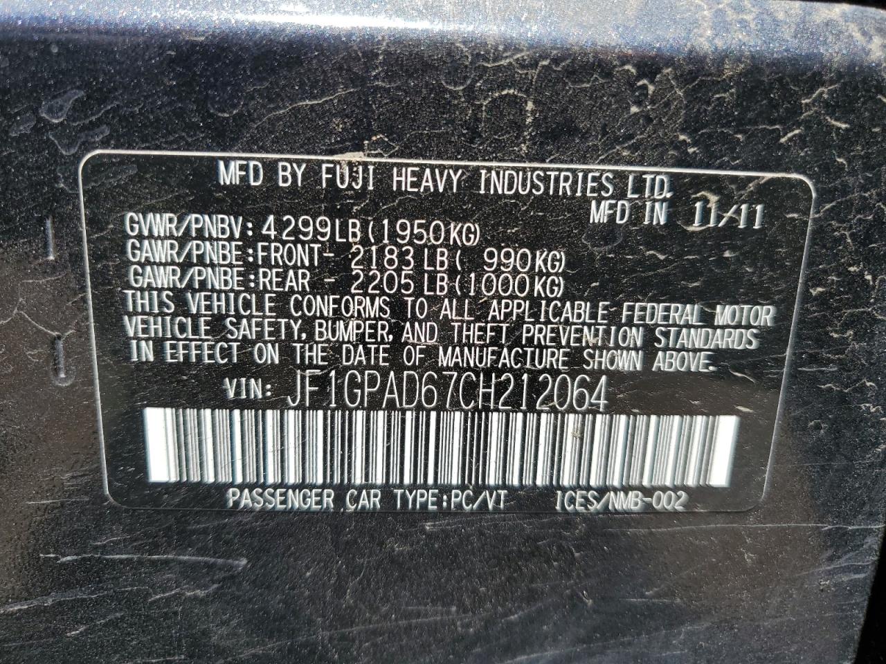 2012 Subaru Impreza Premium VIN: JF1GPAD67CH212064 Lot: 57044244