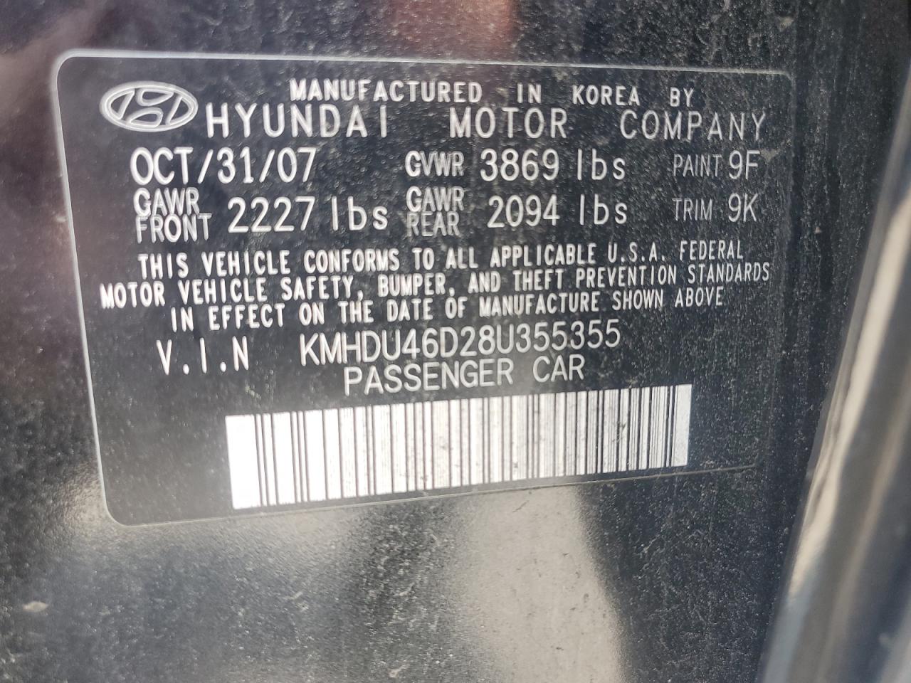 2008 Hyundai Elantra Gls VIN: KMHDU46D28U355355 Lot: 59946524
