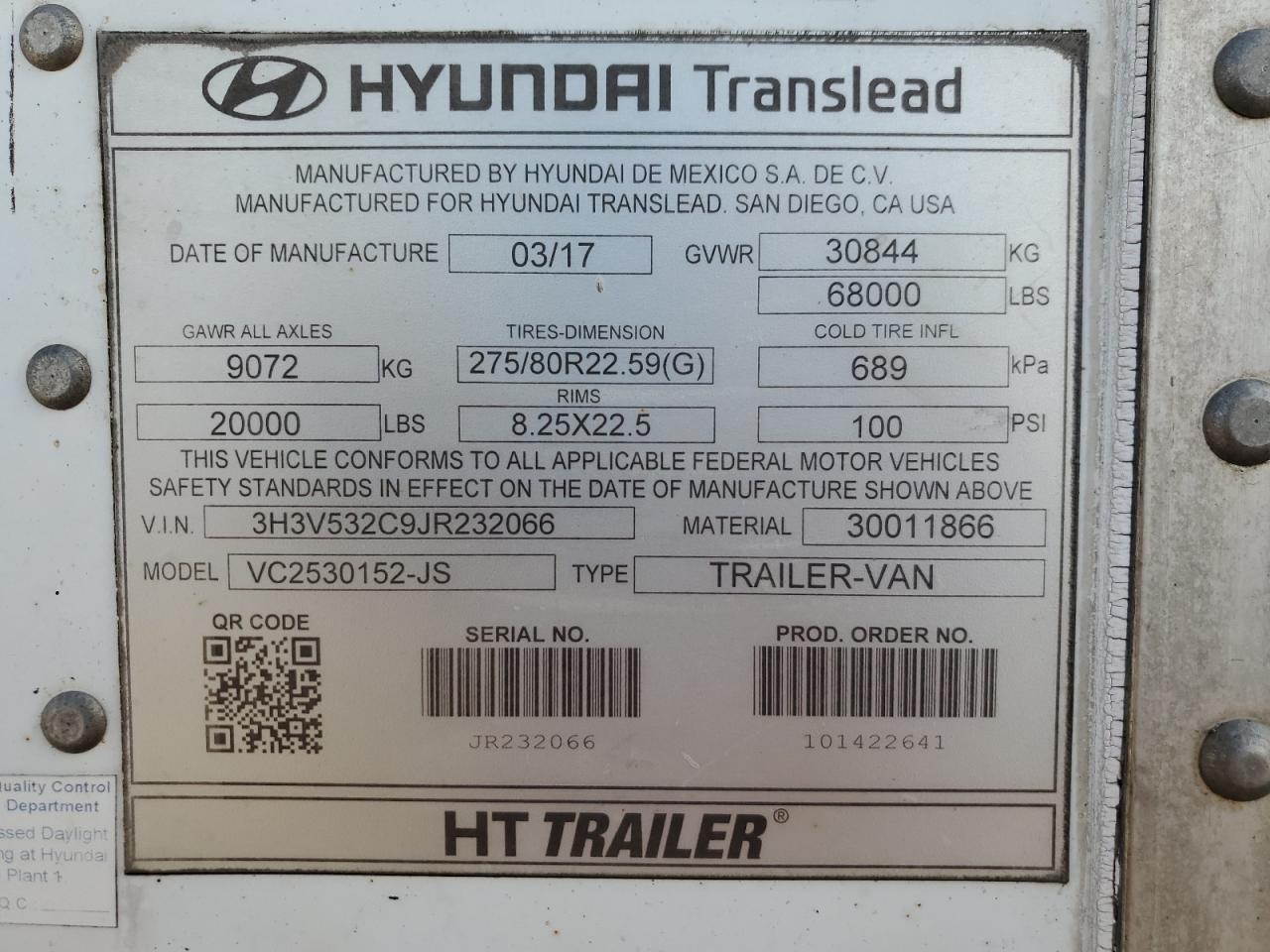 3H3V532C9JR232066 2018 Hyundai Translead