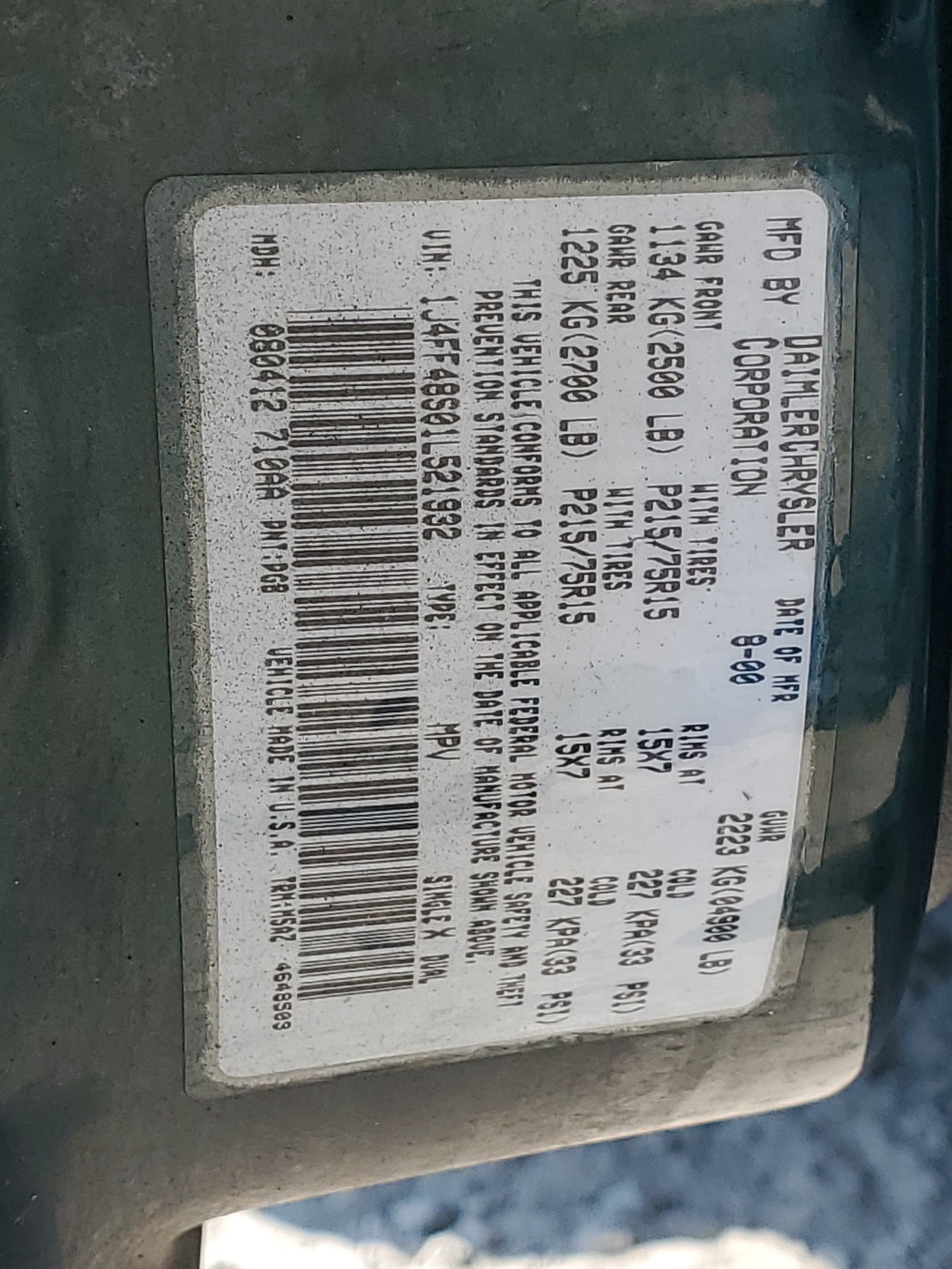 1J4FF48S01L521932 2001 Jeep Cherokee Sport