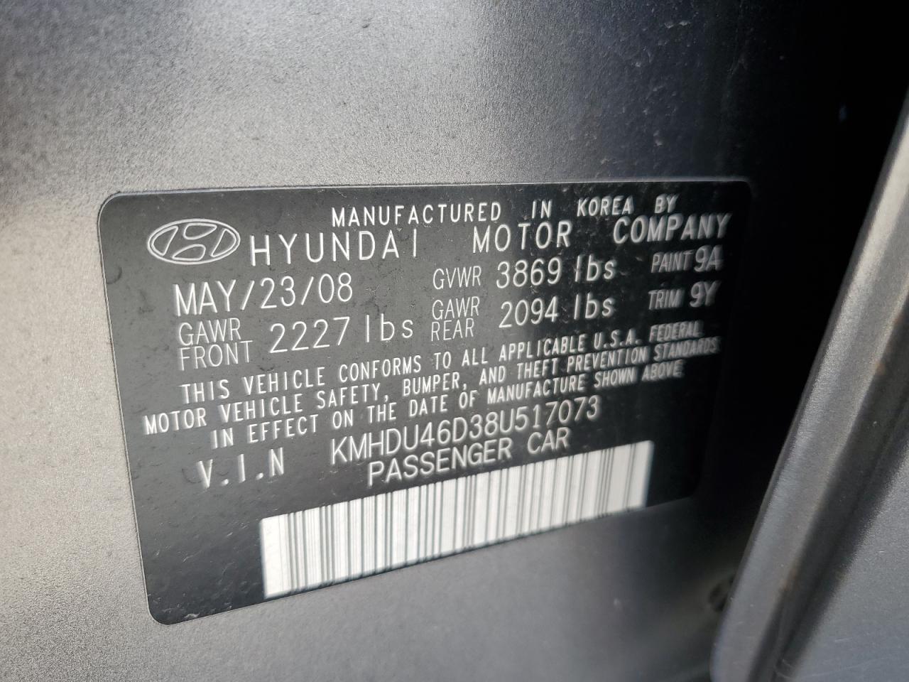 2008 Hyundai Elantra Gls VIN: KMHDU46D38U517073 Lot: 58008834