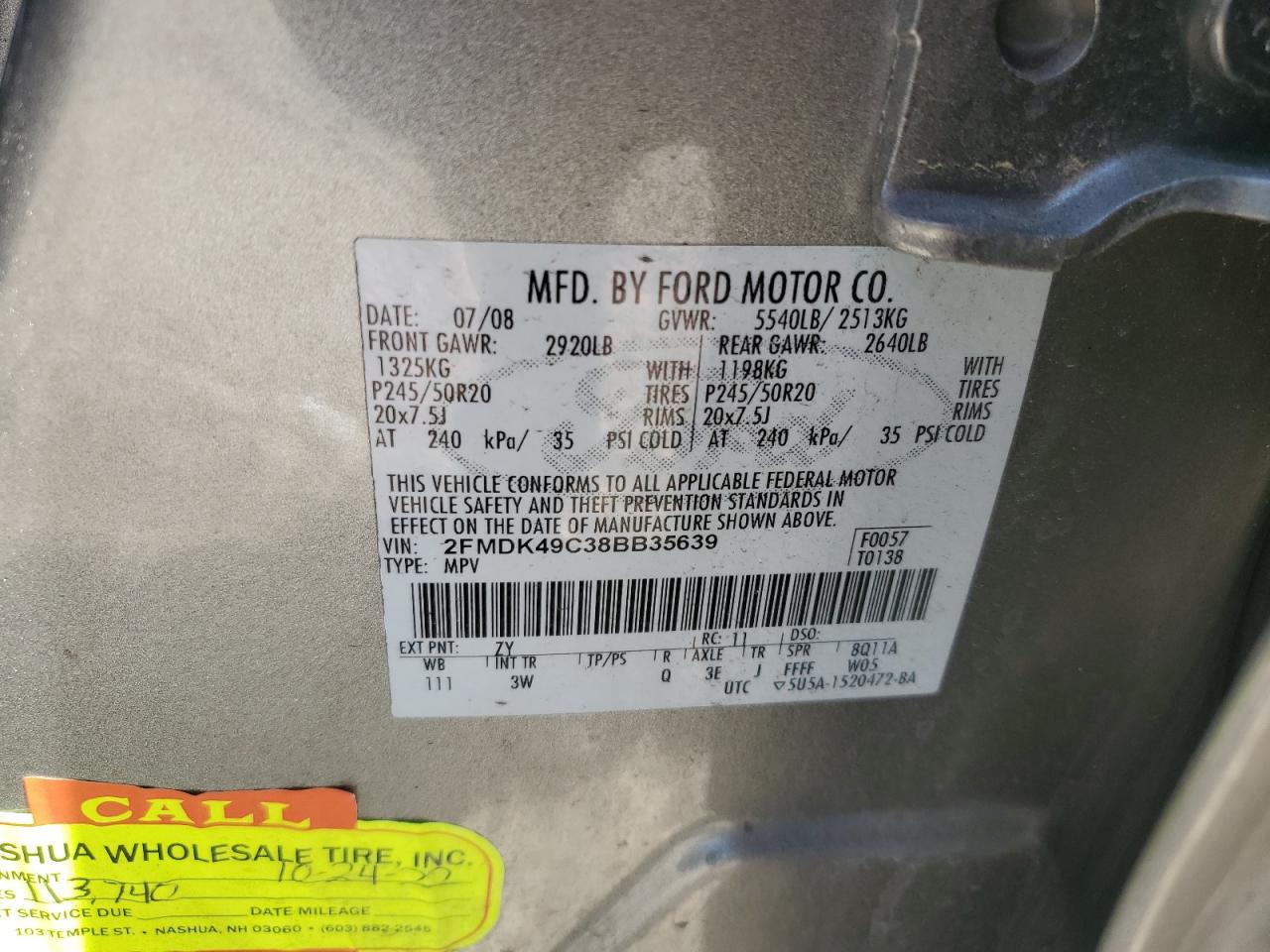 2008 Ford Edge Limited VIN: 2FMDK49C38BB35639 Lot: 57243104