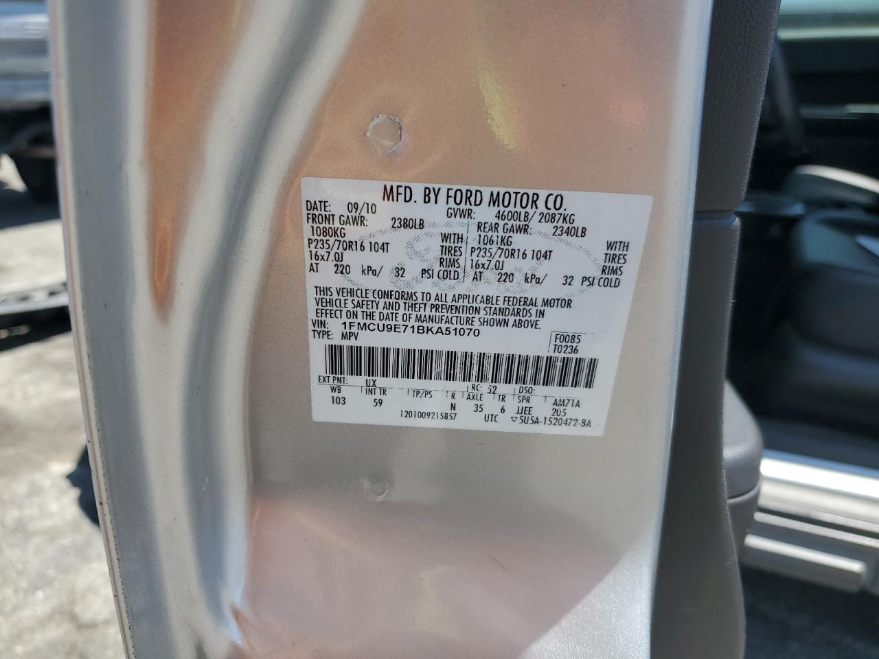 2011 Ford Escape Limited VIN: 1FMCU9E71BKA51070 Lot: 60743594