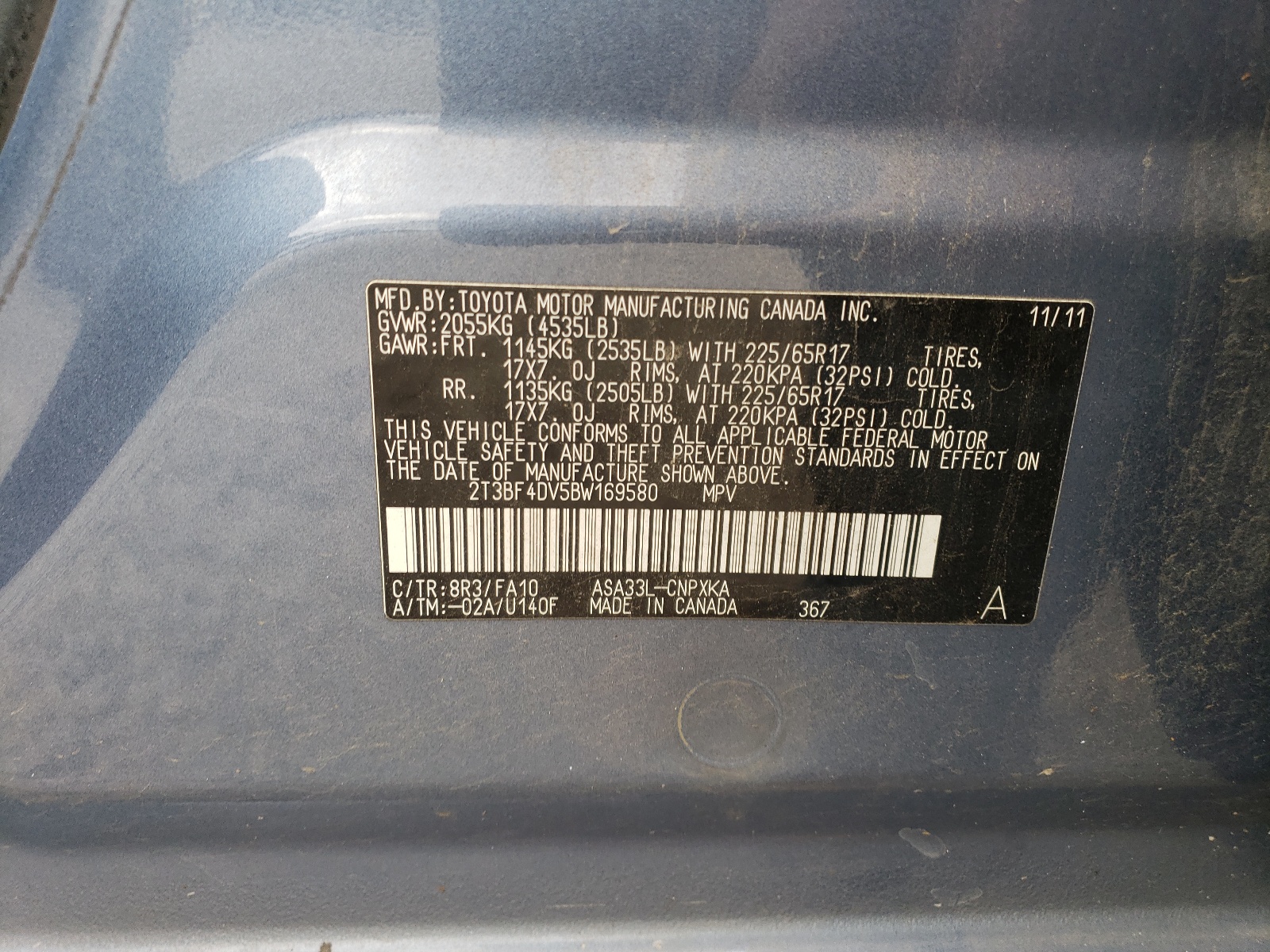 2T3BF4DV5BW169580 2011 Toyota Rav4