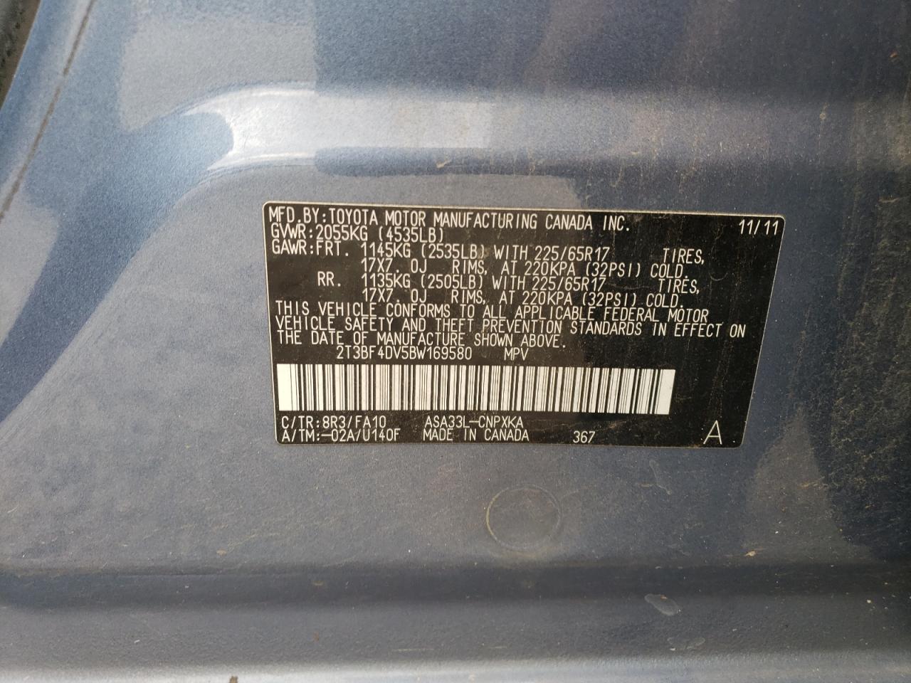 2011 Toyota Rav4 VIN: 2T3BF4DV5BW169580 Lot: 60330044