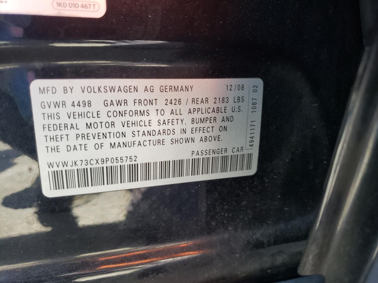 2009 Volkswagen Passat Turbo VIN: WVWJK73CX9P055752 Lot: 58098594