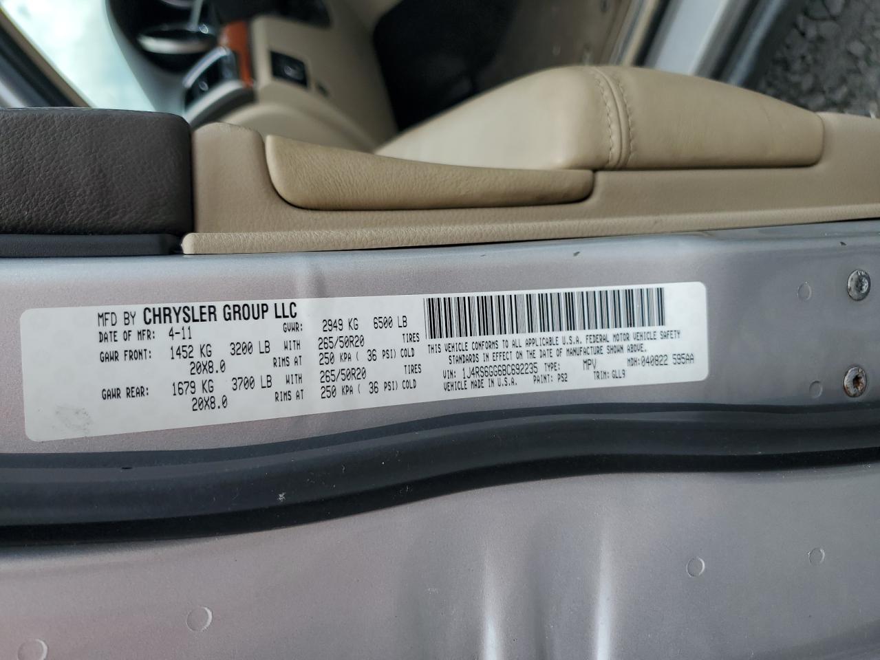 2011 Jeep Grand Cherokee Overland VIN: 1J4RS6GG6BC692235 Lot: 59315364