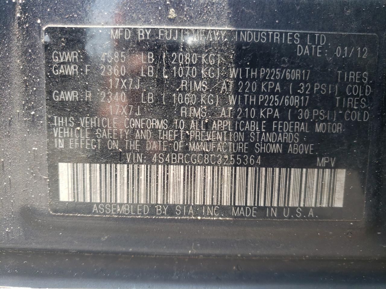 2012 Subaru Outback 2.5I Premium VIN: 4S4BRCGC8C3255364 Lot: 57155664