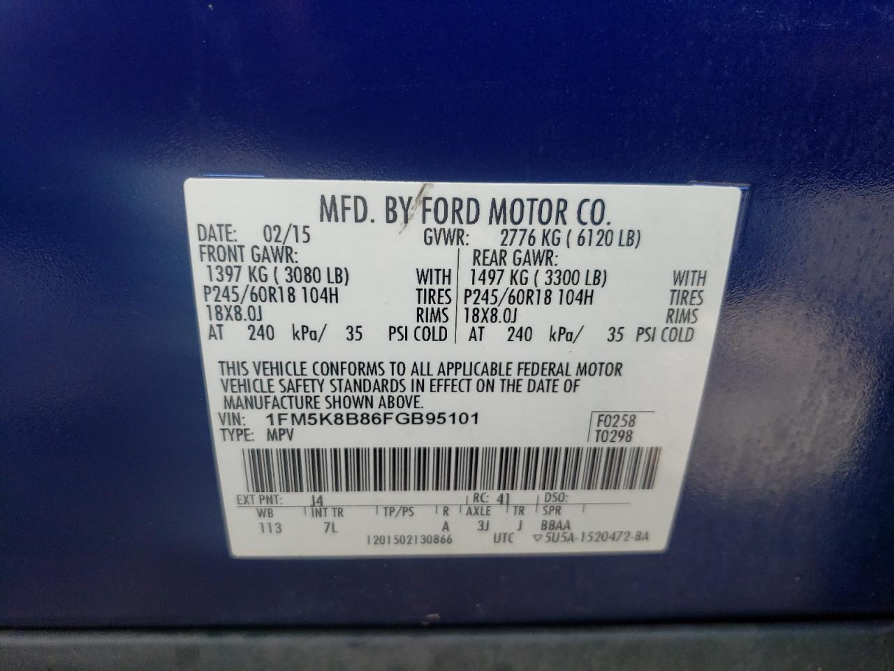 2015 Ford Explorer VIN: 1FM5K8B86FGB95101 Lot: 59110724