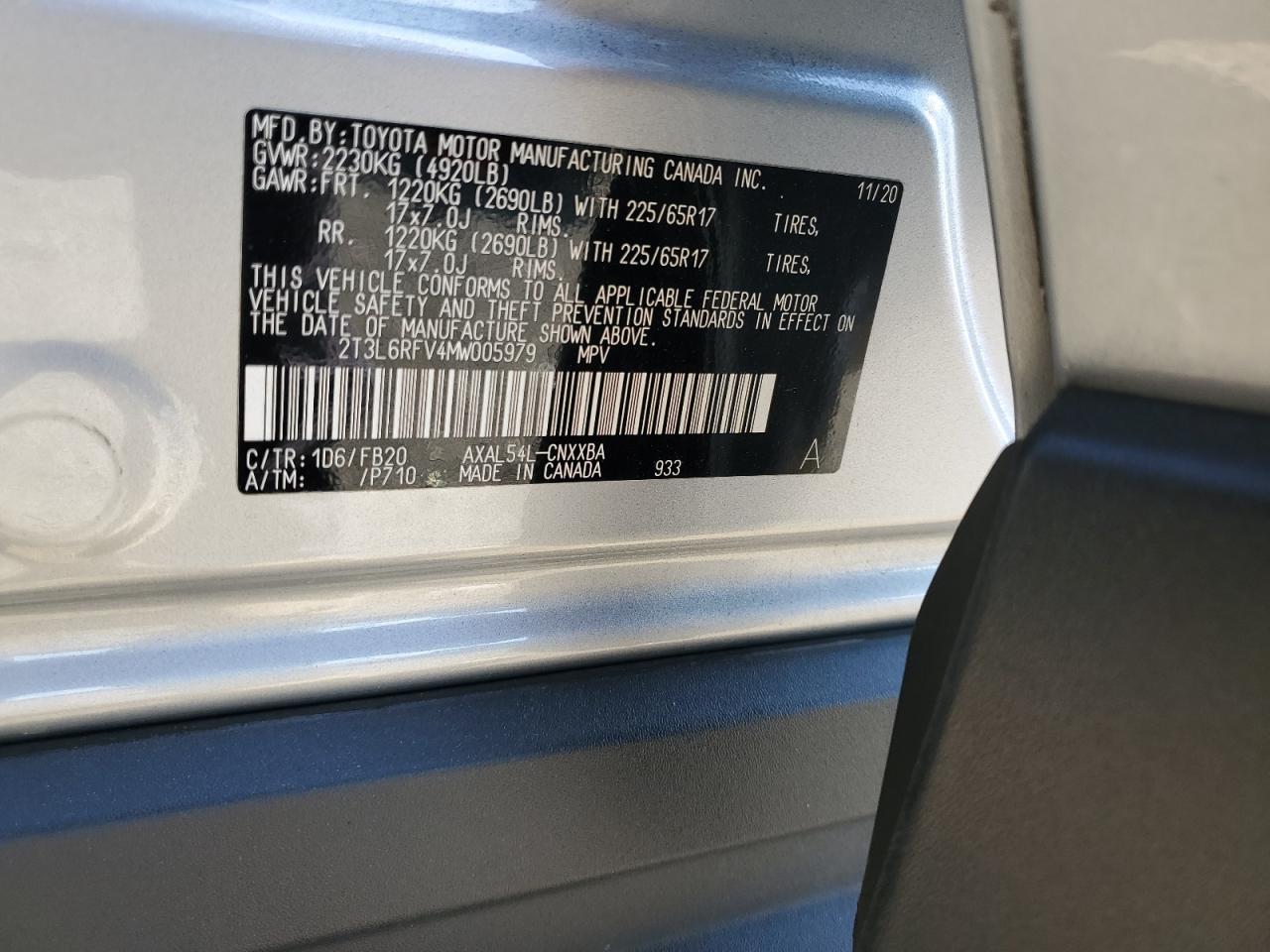 2021 Toyota Rav4 Le VIN: 2T3L6RFV4MW005979 Lot: 59136424