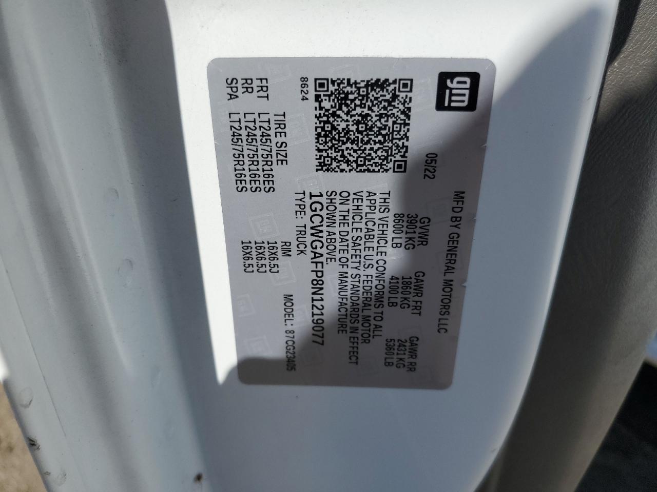 2022 Chevrolet Express G2500 VIN: 1GCWGAFP8N1219077 Lot: 60050774