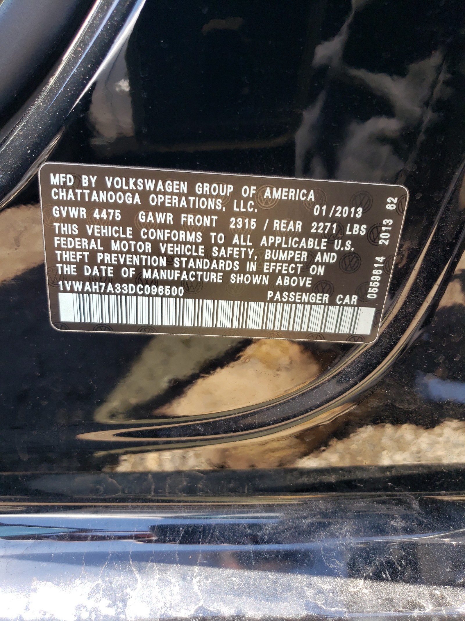 1VWAH7A33DC096500 2013 Volkswagen Passat S