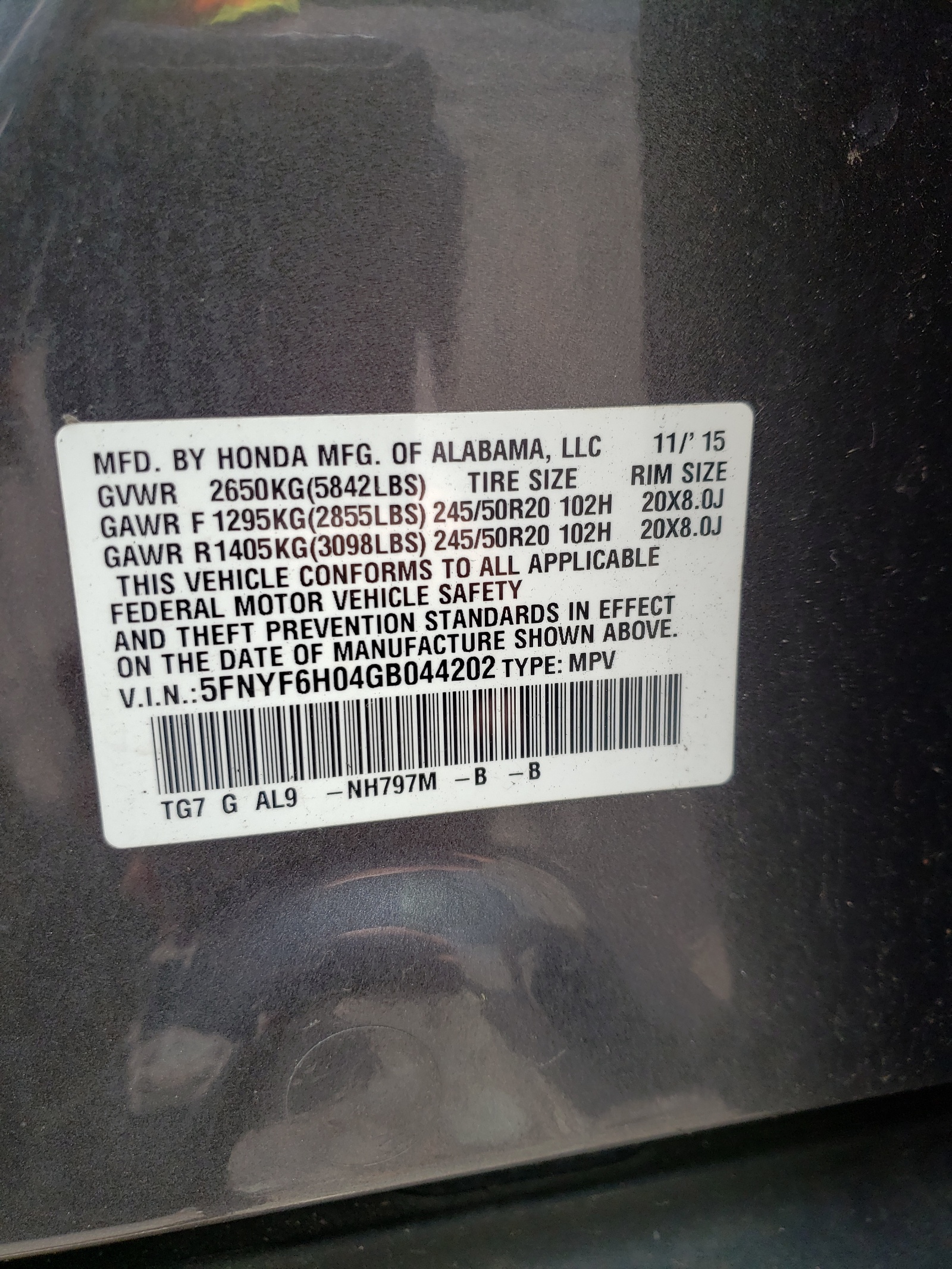 5FNYF6H04GB044202 2016 Honda Pilot Elite