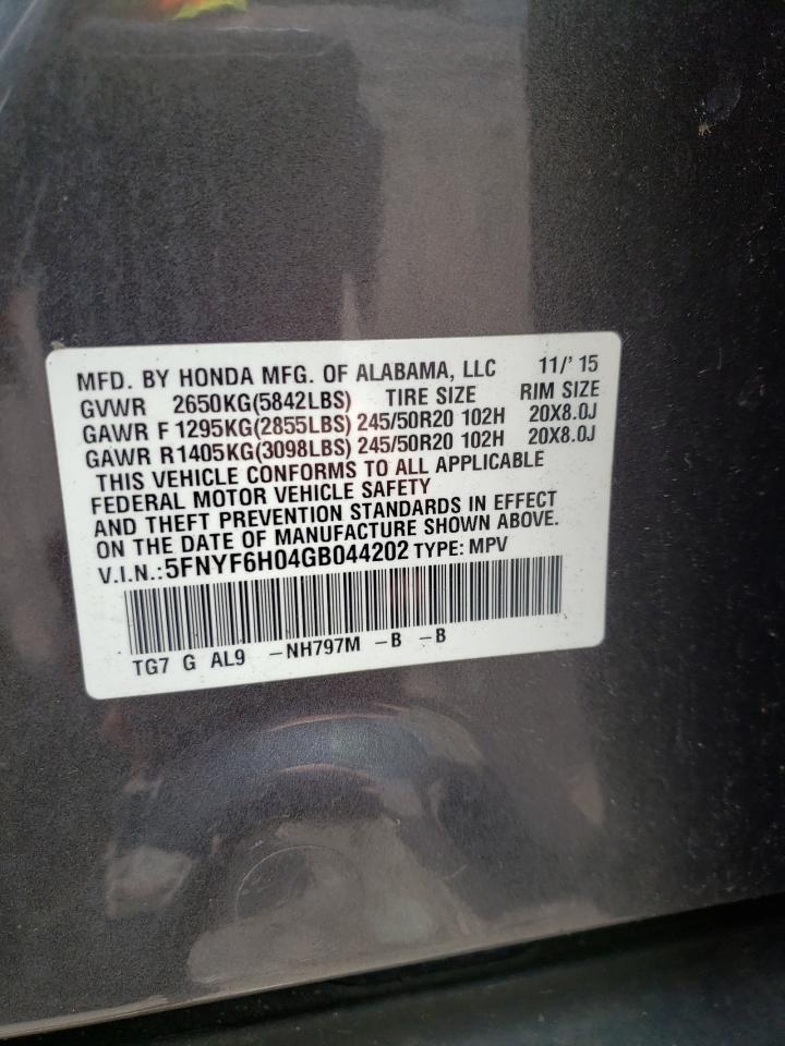 2016 Honda Pilot Elite VIN: 5FNYF6H04GB044202 Lot: 57246384