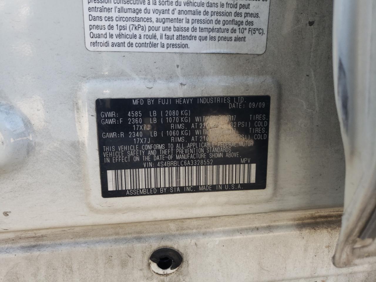 2010 Subaru Outback 2.5I Limited VIN: 4S4BRBLC6A3328552 Lot: 61339824