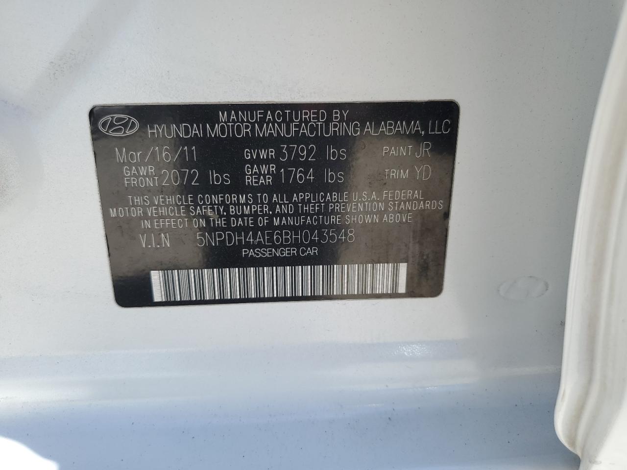 2011 Hyundai Elantra Gls VIN: 5NPDH4AE6BH043548 Lot: 58674364