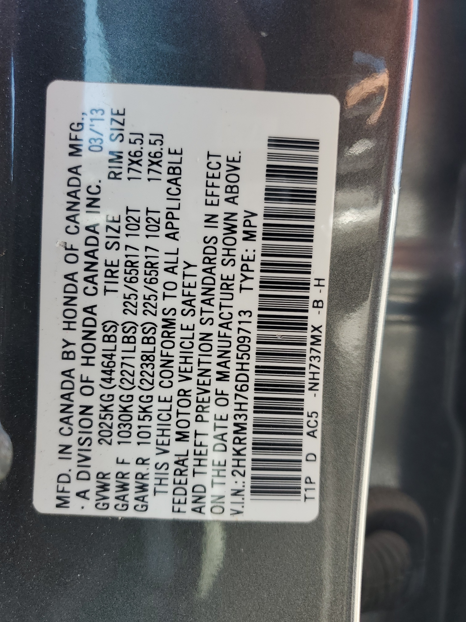 2HKRM3H76DH509713 2013 Honda Cr-V Exl