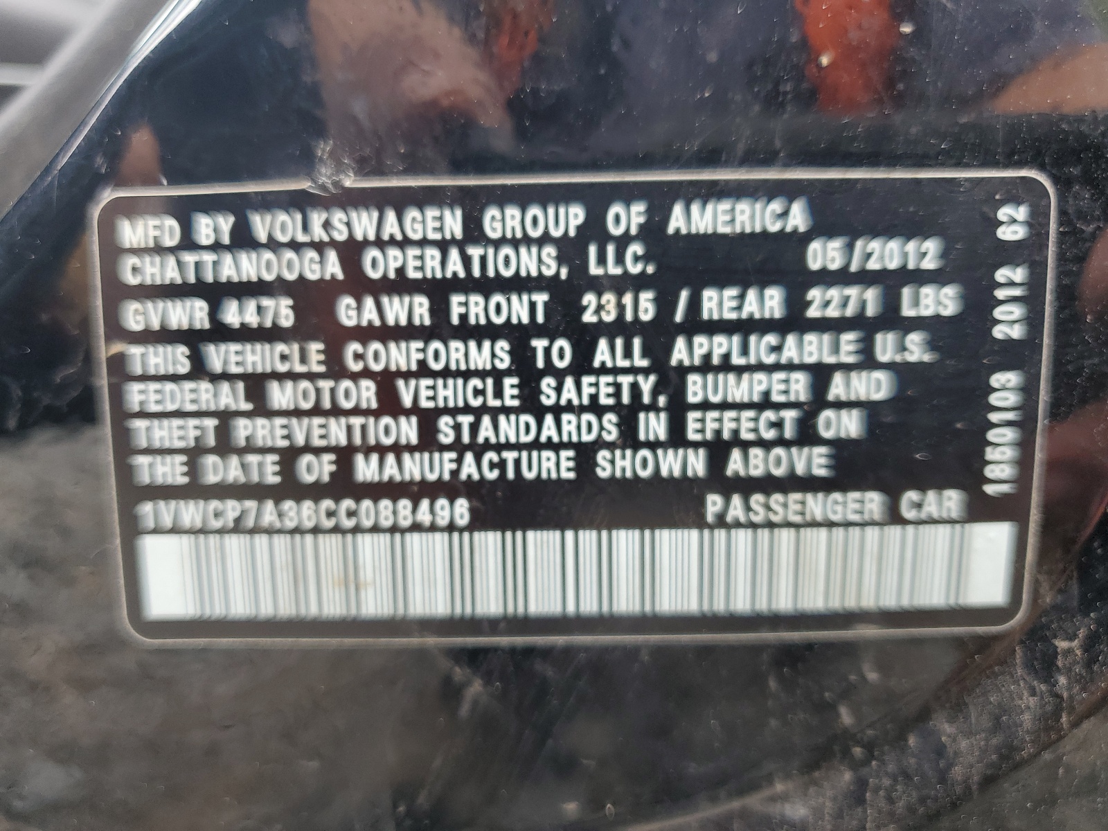 1VWCP7A36CC088496 2012 Volkswagen Passat Sel