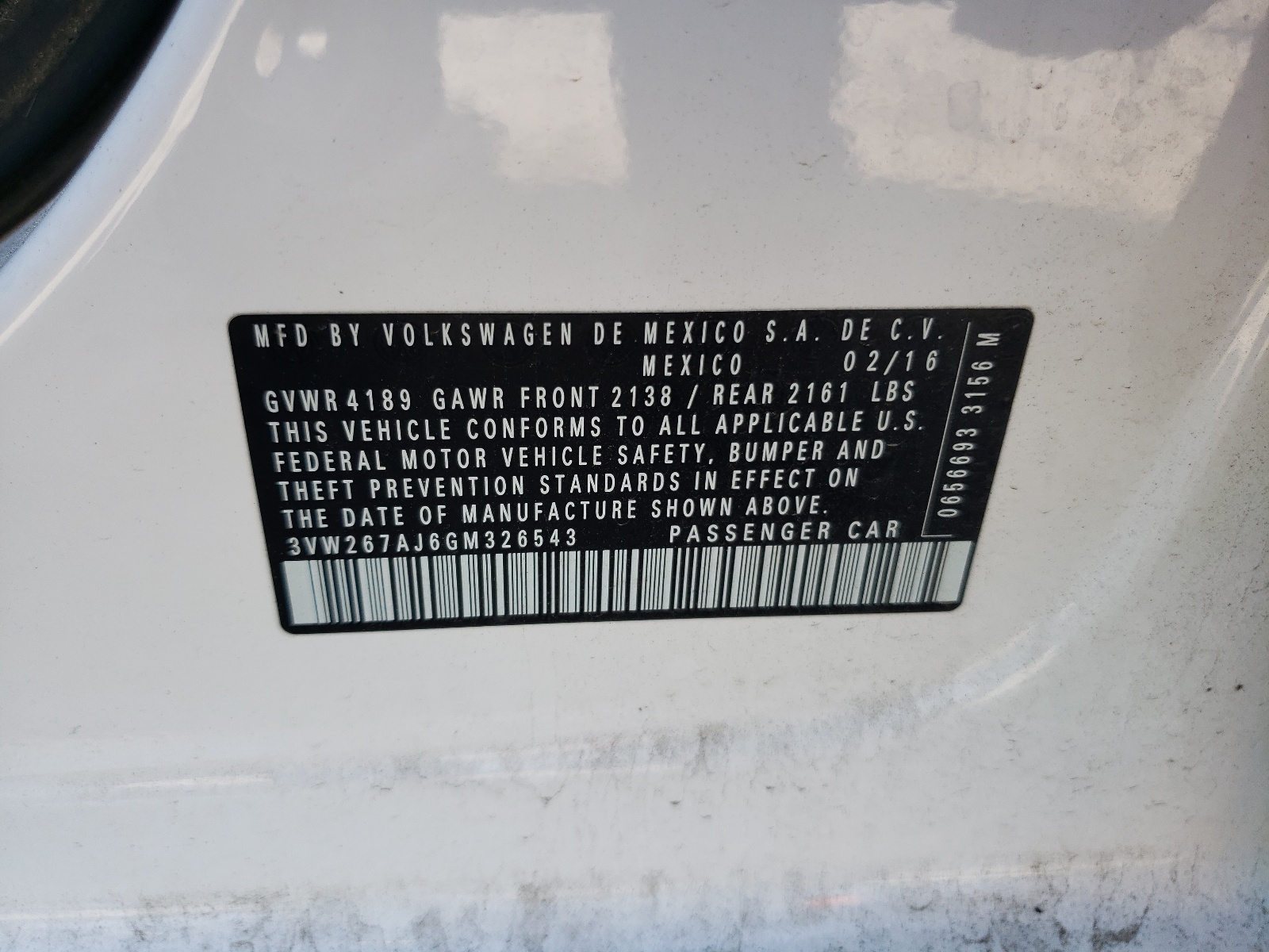 3VW267AJ6GM326543 2016 Volkswagen Jetta S