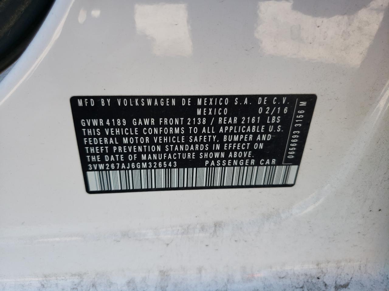 2016 Volkswagen Jetta S VIN: 3VW267AJ6GM326543 Lot: 58788254