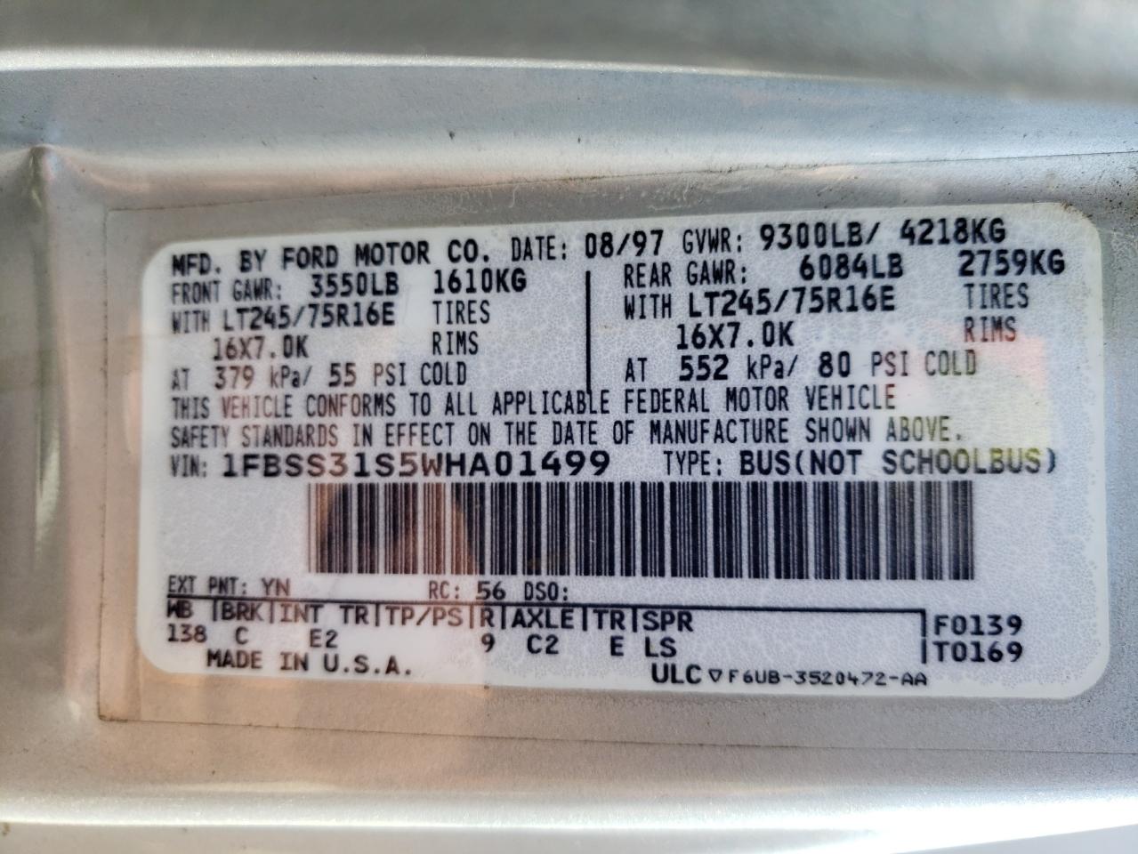 1998 Ford Econoline E350 Super Duty VIN: 1FBSS31S5WHA01499 Lot: 58736714