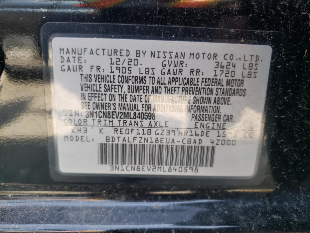 2021 Nissan Versa Sv VIN: 3N1CN8EV2ML840598 Lot: 57353814